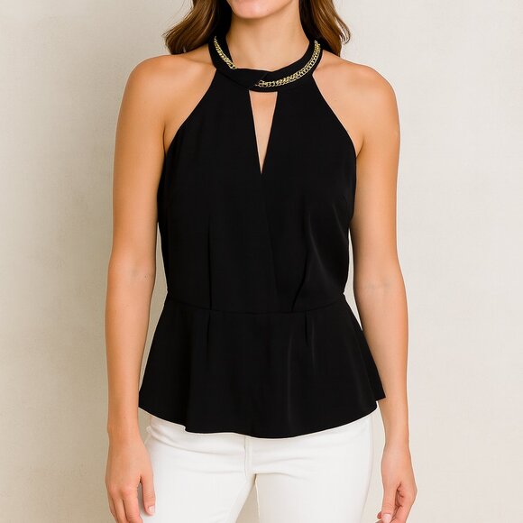 XOXO Black Peplum Gold Chain High Neck Sleeveless Blouse - Picture 1 of 5